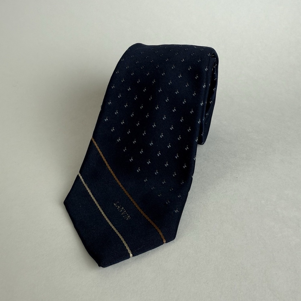 Vintage Lanvin Logo Navy Blue Striped Pin Dot Necktie Tie